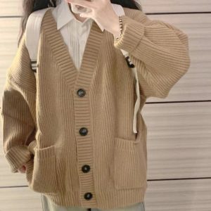 Chic Fall Classic Camel Ribbed Cardigan for Y2K Aesthetic Outfits