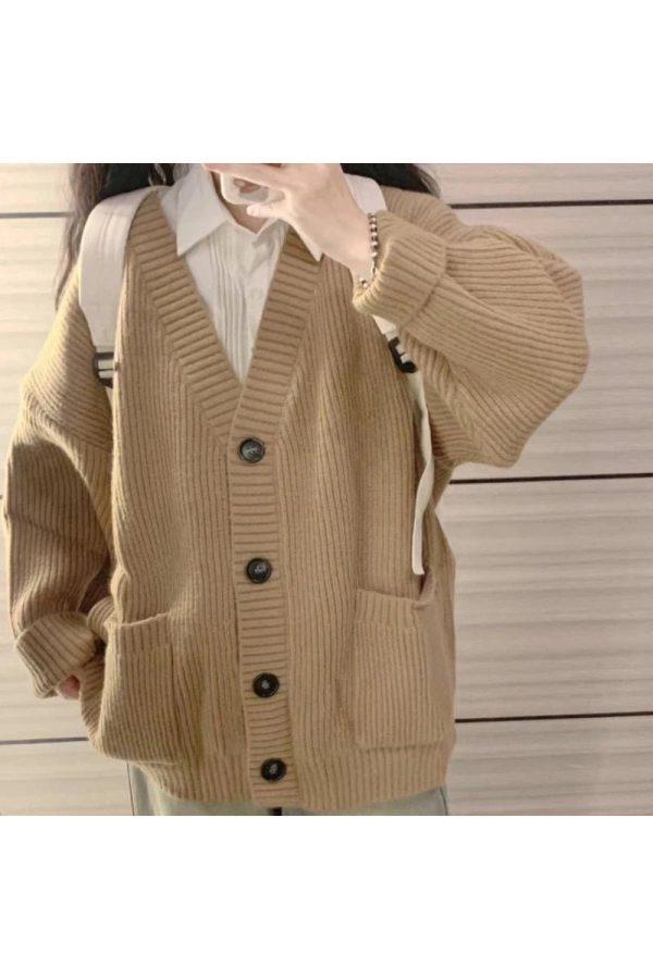 Chic Fall Classic Camel Ribbed Cardigan for Y2K Aesthetic Outfits