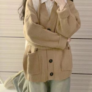 Chic Fall Classic Camel Ribbed Cardigan for Y2K Aesthetic Outfits