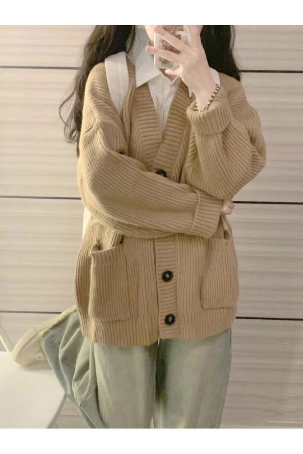 Chic Fall Classic Camel Ribbed Cardigan for Y2K Aesthetic Outfits