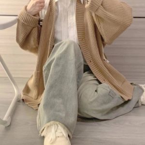 Chic Fall Classic Camel Ribbed Cardigan for Y2K Aesthetic Outfits