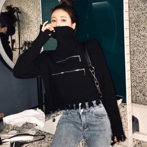 Chic Fall Distressed Turtleneck Zip-Up Sweater for Y2K Aesthetic Lovers