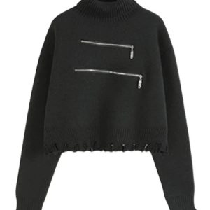 Chic Fall Distressed Turtleneck Zip-Up Sweater for Y2K Aesthetic Lovers