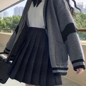 Chic Fall Monochrome Academia Cardigan for Y2K Aesthetic Lovers