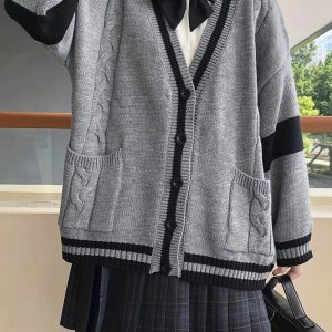 Chic Fall Monochrome Academia Cardigan for Y2K Aesthetic Lovers