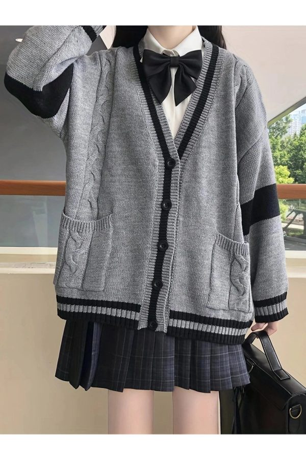 Chic Fall Monochrome Academia Cardigan for Y2K Aesthetic Lovers