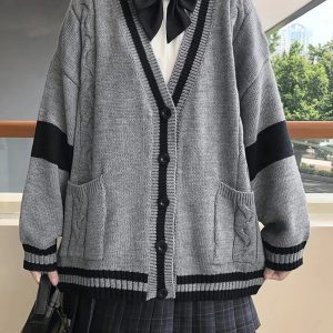 Chic Fall Monochrome Academia Cardigan for Y2K Aesthetic Lovers