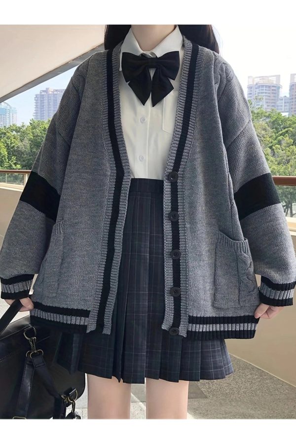 Chic Fall Monochrome Academia Cardigan for Y2K Aesthetic Lovers