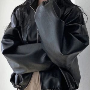 Chic Fall Oversized Faux Leather Bomber Jacket for Y2K Aesthetic Style