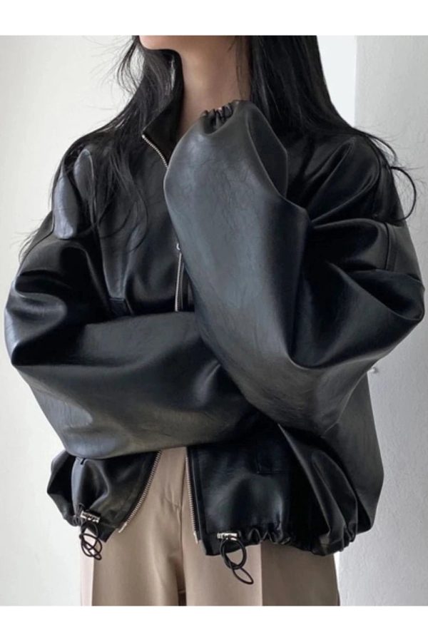 Chic Fall Oversized Faux Leather Bomber Jacket for Y2K Aesthetic Style