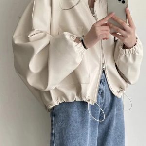 Chic Fall Oversized Faux Leather Bomber Jacket for Y2K Aesthetic Style