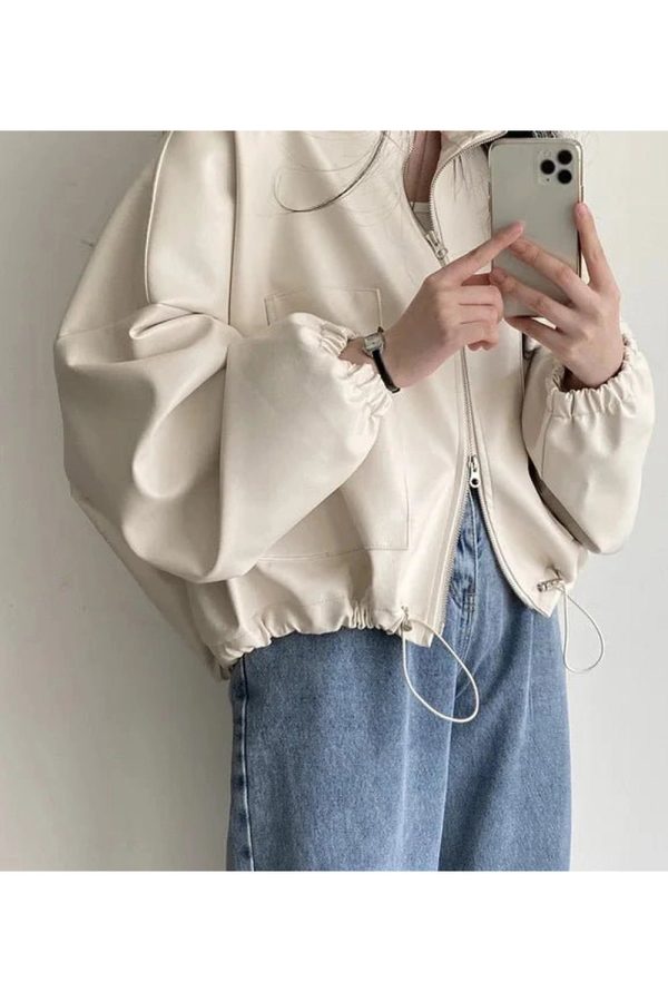 Chic Fall Oversized Faux Leather Bomber Jacket for Y2K Aesthetic Style