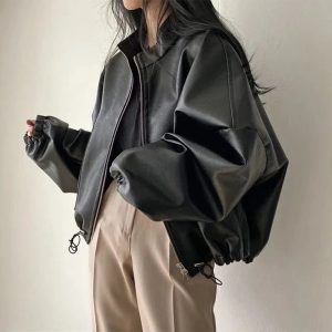 Chic Fall Oversized Faux Leather Bomber Jacket for Y2K Aesthetic Style