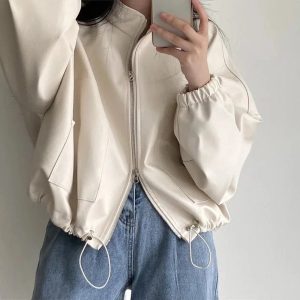 Chic Fall Oversized Faux Leather Bomber Jacket for Y2K Aesthetic Style