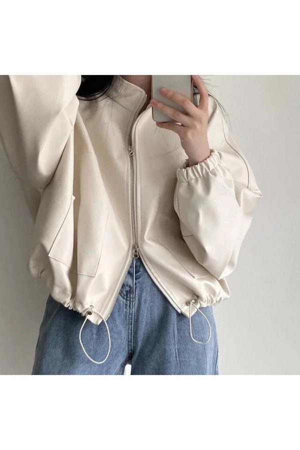 Chic Fall Oversized Faux Leather Bomber Jacket for Y2K Aesthetic Style