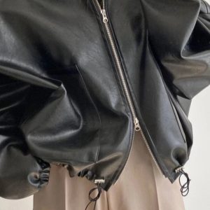 Chic Fall Oversized Faux Leather Bomber Jacket for Y2K Aesthetic Style