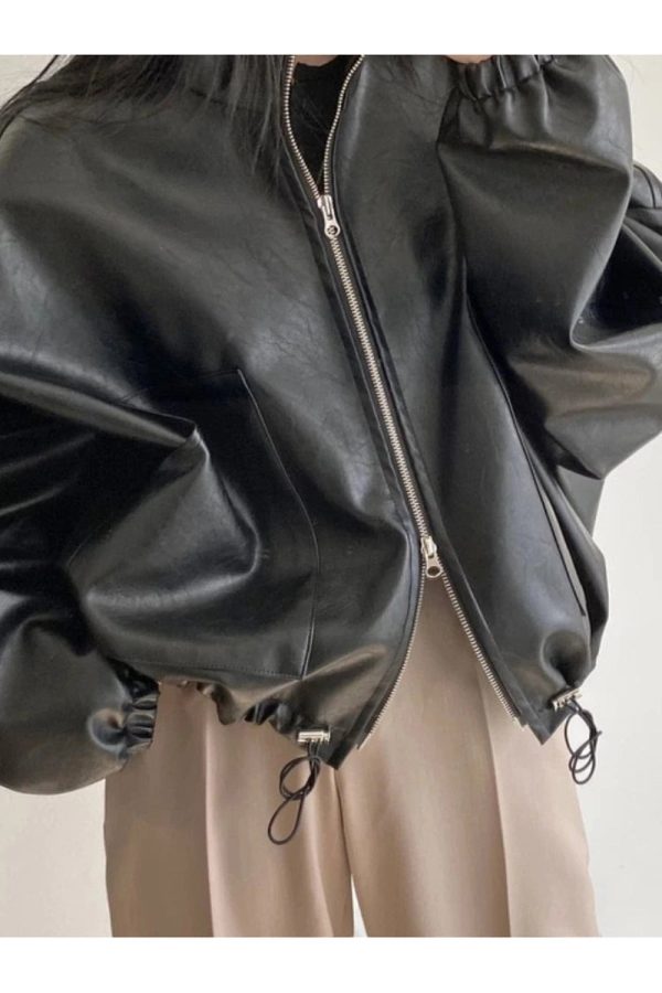 Chic Fall Oversized Faux Leather Bomber Jacket for Y2K Aesthetic Style