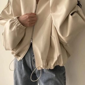 Chic Fall Oversized Faux Leather Bomber Jacket for Y2K Aesthetic Style