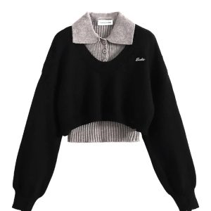 Chic Fall Preppy Layered Knit Sweater for Y2K Aesthetic Lovers