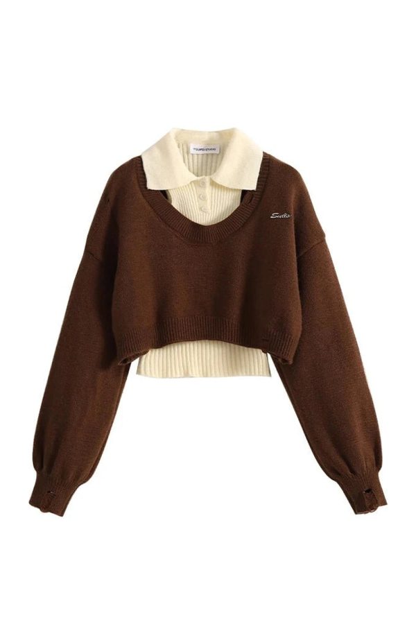 Chic Fall Preppy Layered Knit Sweater for Y2K Aesthetic Lovers