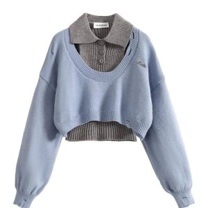 Chic Fall Preppy Layered Knit Sweater for Y2K Aesthetic Lovers