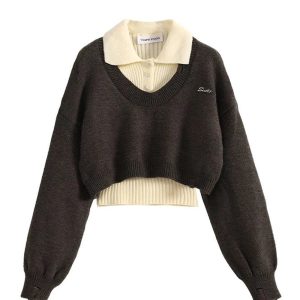 Chic Fall Preppy Layered Knit Sweater for Y2K Aesthetic Lovers