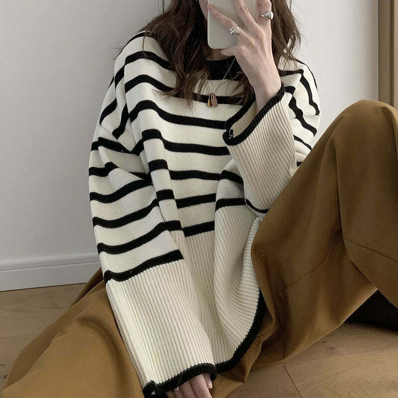 Chic French Aesthetic Striped Sweater for Y2K and Coquette Style