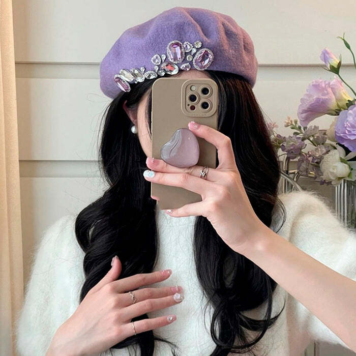 Chic French Girl Rhinestone Beret for Y2K Aesthetic and Coquette Style