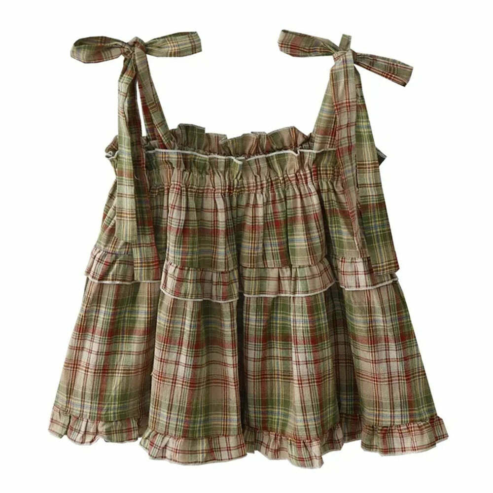 Chic Grandma Aesthetic Plaid Bow-Tie Top for Y2K and Coquette Style