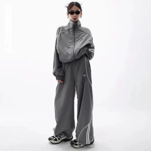 Chic Gray Wave Piped Jogger Set for Y2K Aesthetic and Comfy Style