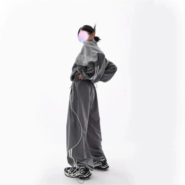 Chic Gray Wave Piped Jogger Set for Y2K Aesthetic and Comfy Style