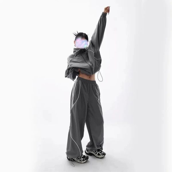 Chic Gray Wave Piped Jogger Set for Y2K Aesthetic and Comfy Style