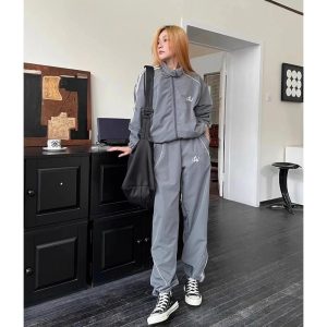 Chic Gray Wave Piped Jogger Set for Y2K Aesthetic and Comfy Style