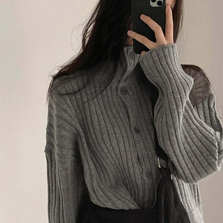 Chic Grey Button-Up Jumper for Y2K Aesthetic and Coquette Style