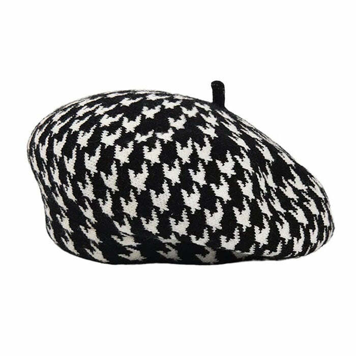 Chic Houndstooth Beret for Y2K Fashion & Coquette Aesthetic Looks