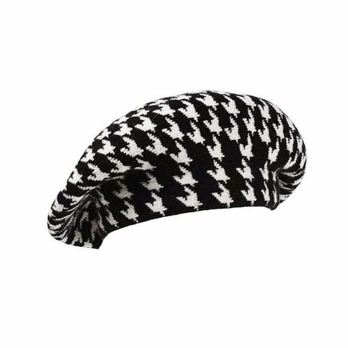 Chic Houndstooth Beret for Y2K Fashion & Coquette Aesthetic Looks