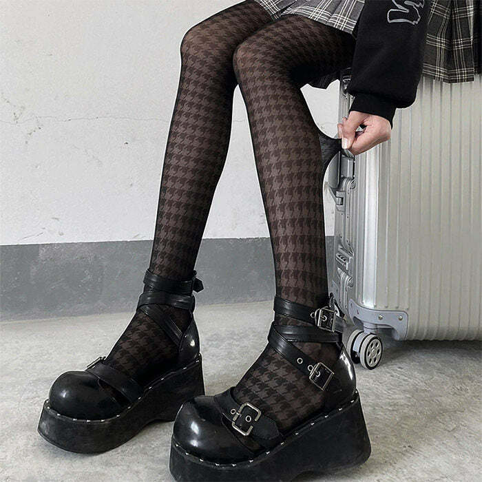 Chic Houndstooth Tights for Y2K Aesthetic and Grunge Style Outfits