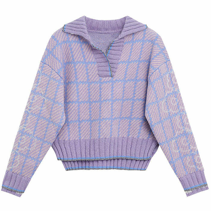 Chic Lavender Plaid Sweater for Y2K Aesthetic & Coquette Style