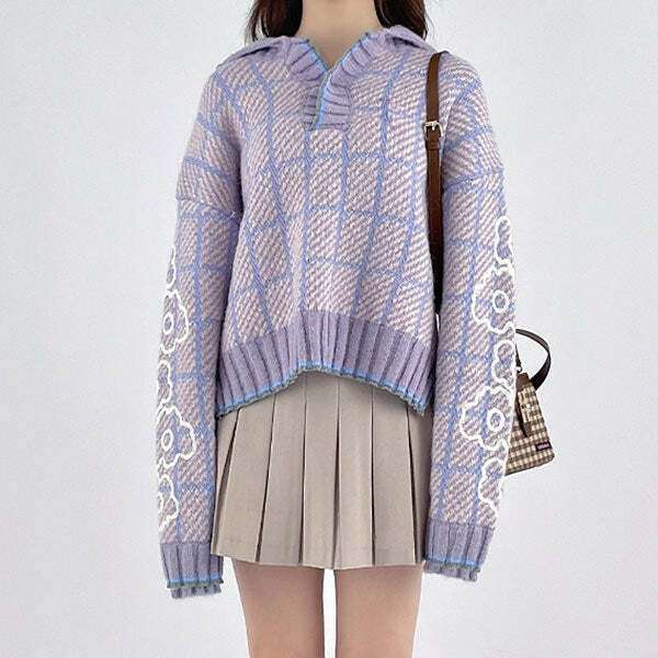 Chic Lavender Plaid Sweater for Y2K Aesthetic & Coquette Style