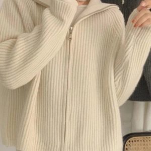 Chic Minimalist Ribbed Zip-Up Sweater for Y2K and Coquette Aesthetic