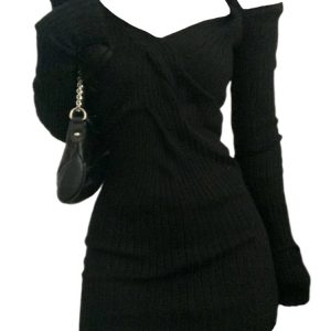 Chic Off-Shoulder Knit Mini Dress for Y2K Aesthetic & Coquette Style