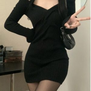 Chic Off-Shoulder Knit Mini Dress for Y2K Aesthetic & Coquette Style