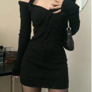 Chic Off-Shoulder Knit Mini Dress for Y2K Aesthetic & Coquette Style