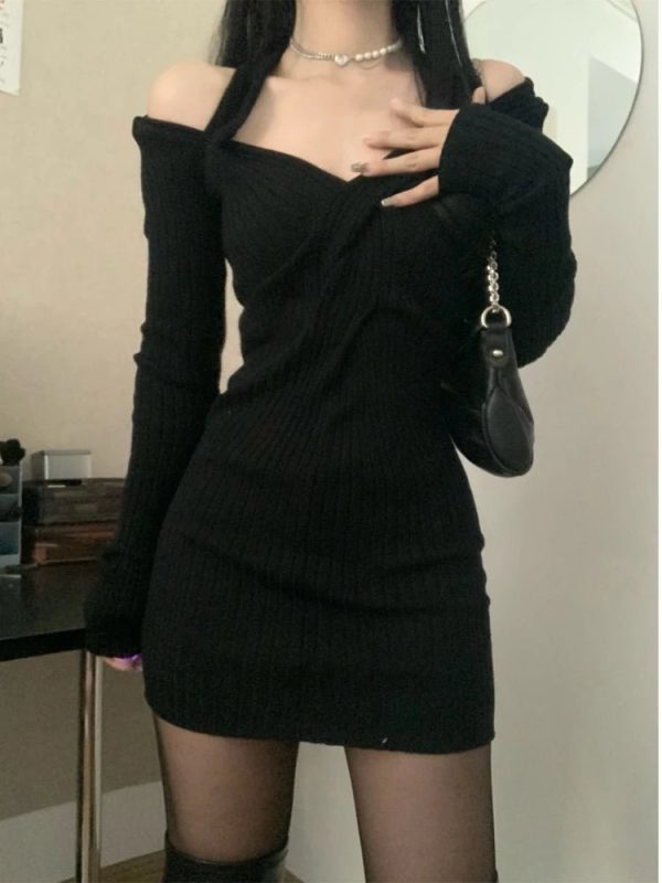 Chic Off-Shoulder Knit Mini Dress for Y2K Aesthetic & Coquette Style