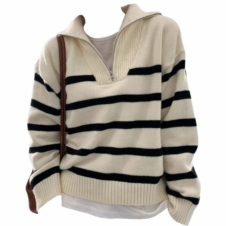 Chic Old Money Striped Zip-Up Sweater for Y2K and Preppy Aesthetic