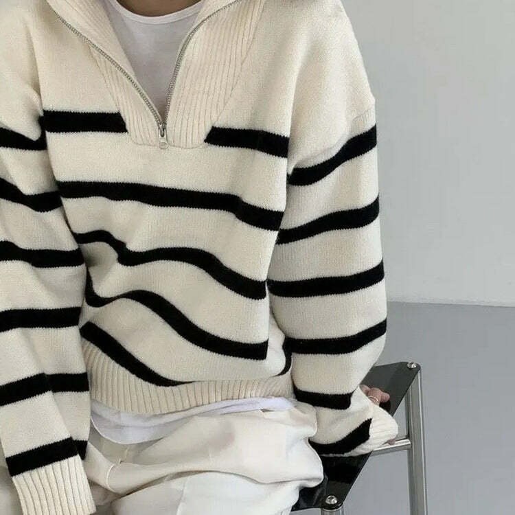 Chic Old Money Striped Zip-Up Sweater for Y2K and Preppy Aesthetic