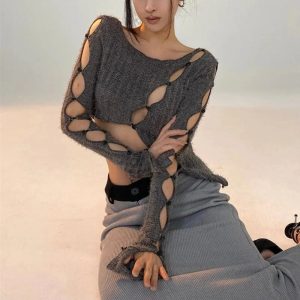 Chic Open Weave Cutout Sweater for Y2K Aesthetic & Cozy Fall Vibes