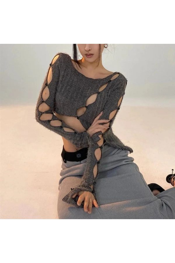 Chic Open Weave Cutout Sweater for Y2K Aesthetic & Cozy Fall Vibes