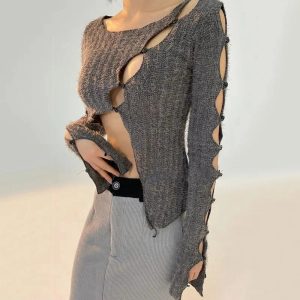 Chic Open Weave Cutout Sweater for Y2K Aesthetic & Cozy Fall Vibes