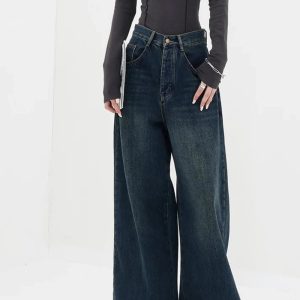 Chic Oversized Dark Wash Wide-Leg Jeans for Y2K and Grunge Aesthetics